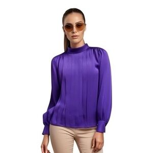 CELINE Paris Purple Silk Mock Neck Button Back Blouse Women's Top EU 46 US L